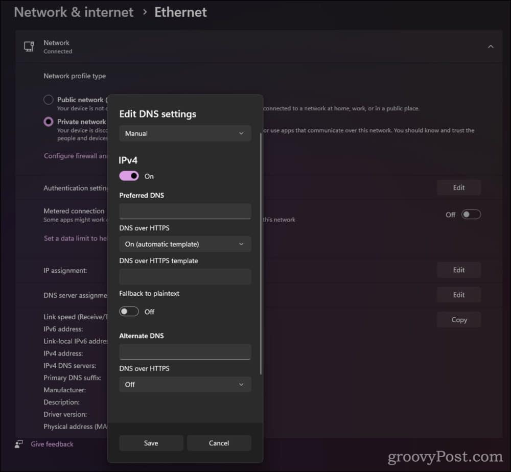 Encrypted DNS Settings in Microsoft Windows 11