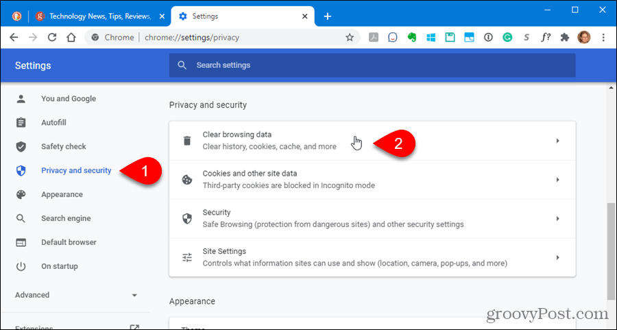 Clear Clear browsing data in Chrome settings