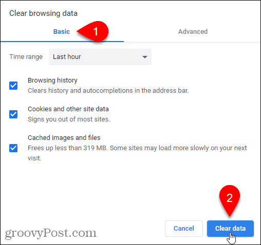 Basic tab on Clear browsing data dialog in Chrome