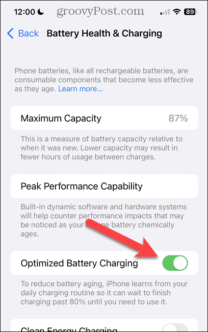 Enable or disable Optimized Battery Charging on the iPhone Battery Health & Charging screen