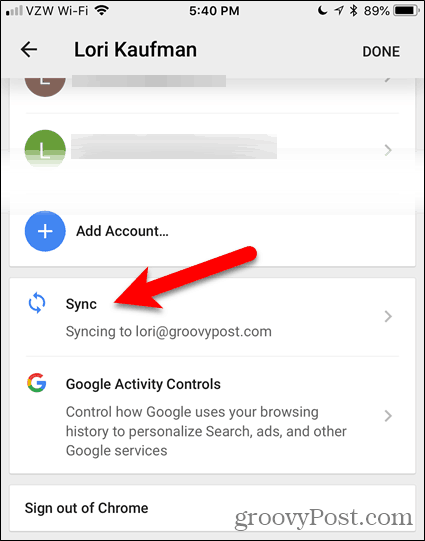 Tap Sync in Chrome for iOS