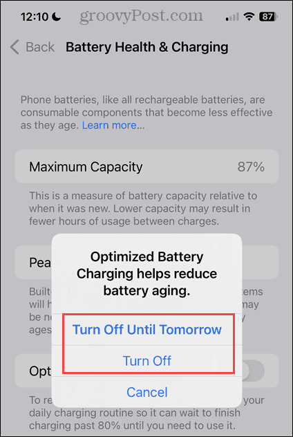 Turn off options for Optimized Battery Charging on iPhone