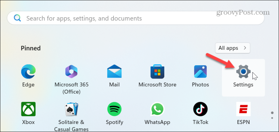 settings windows 11 start menu