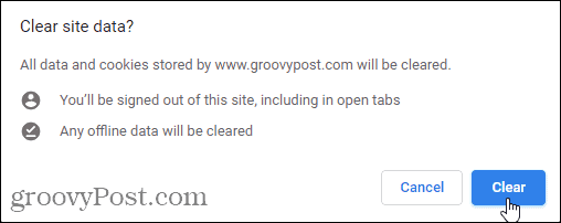 Clear site data confirmation dialog in Chrome