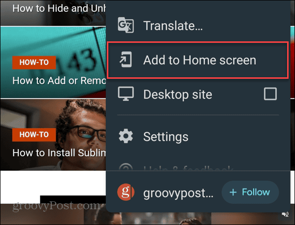 add to home screen chrome