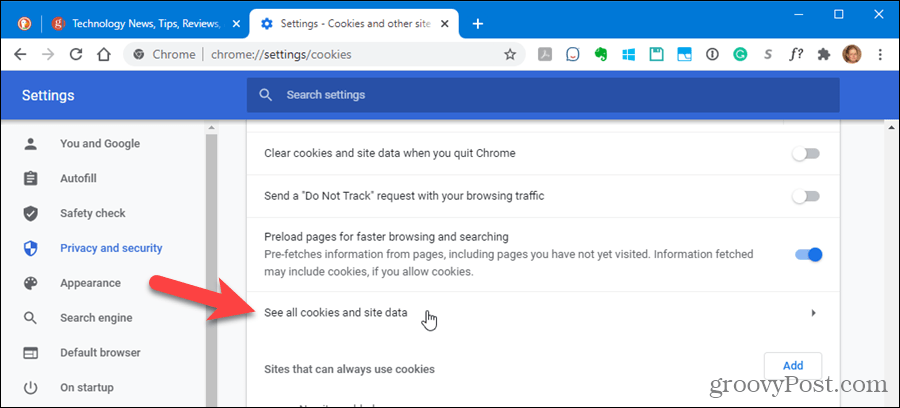 Click See all cookies and site data in Chrome's settings
