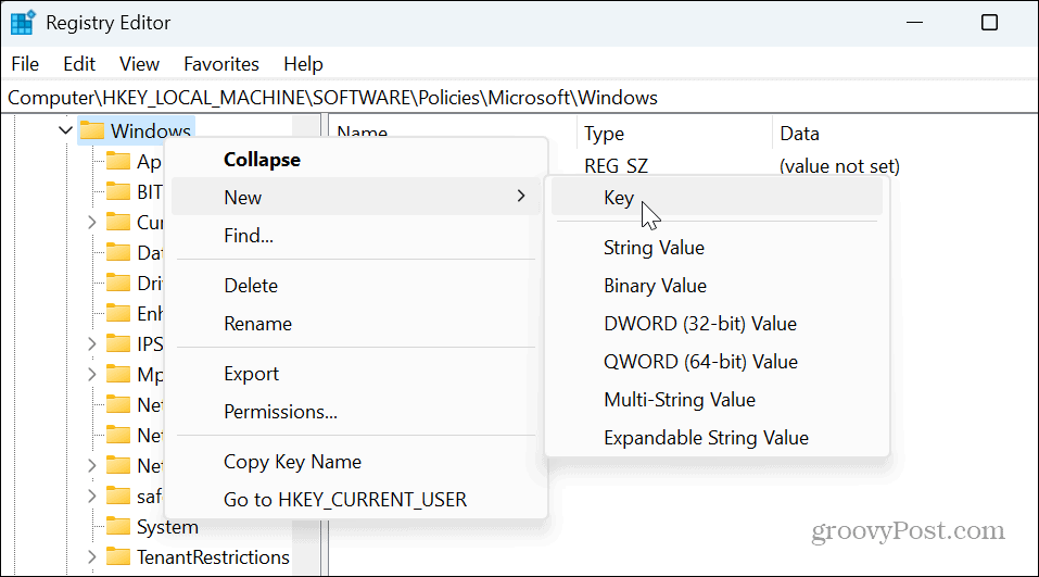 create new key registry editor