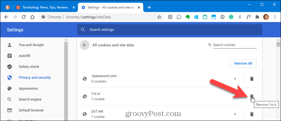 Delete cookies for one site in Chrome
