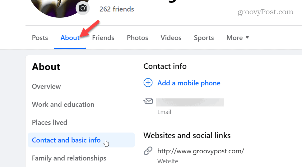 Contact and basic info tab on Facebook profile