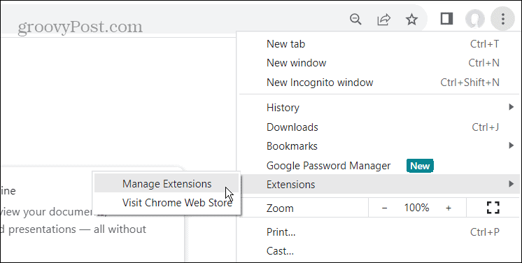 finding manage extensions option in Chrome