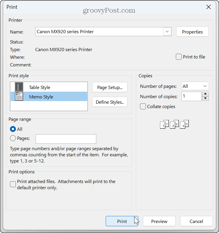 Print an Email from Outlook