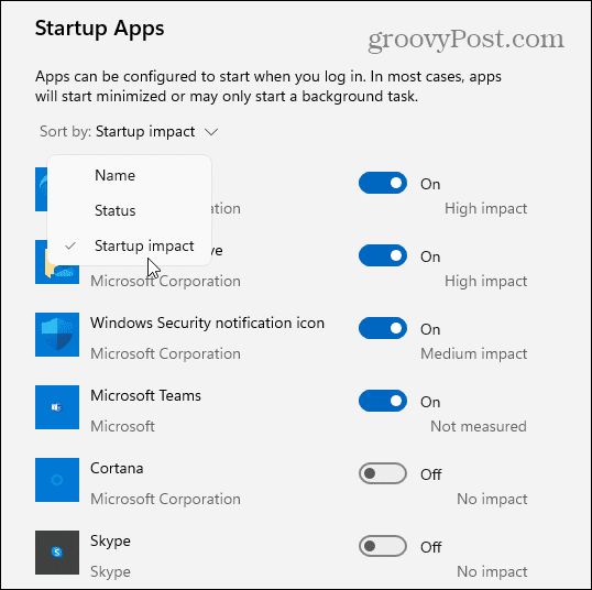 sort startup apps