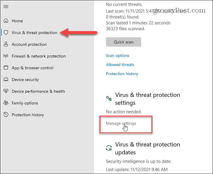 virus and threat protection settings