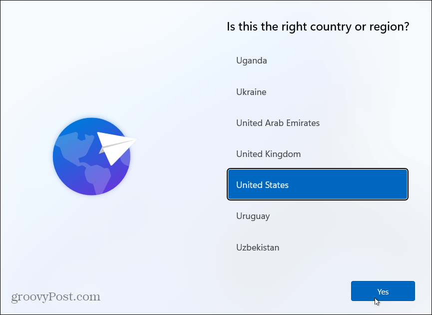 Choose Country Install Windows 11