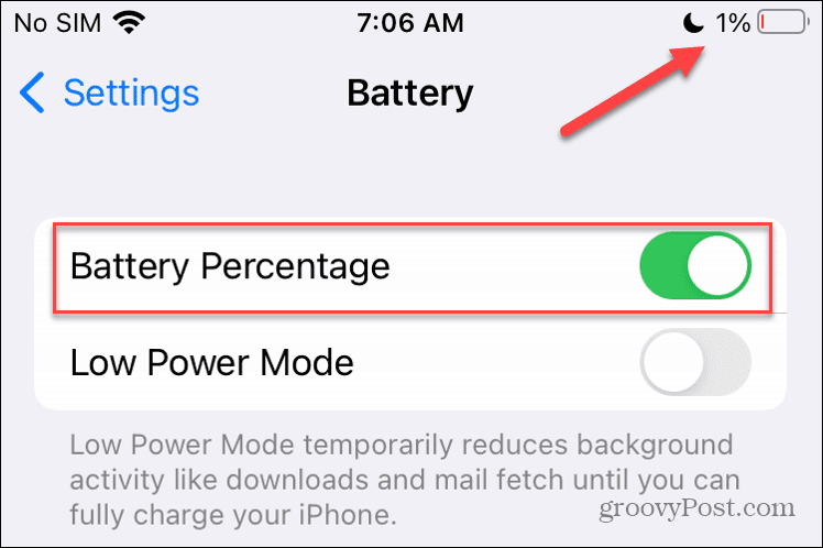 Battery Percentage toggle in Battery option in iOS Settings