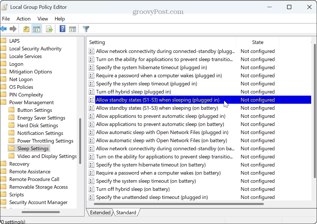 local group policy editor power sleeping