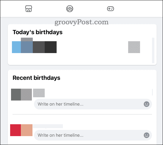 Birthdays on Facebook webpage