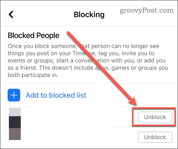 Blocked People on Facebook App