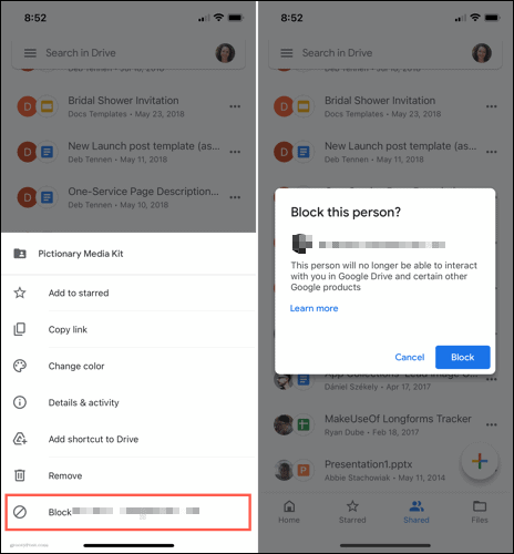 Block a user in Google Drive on mobile