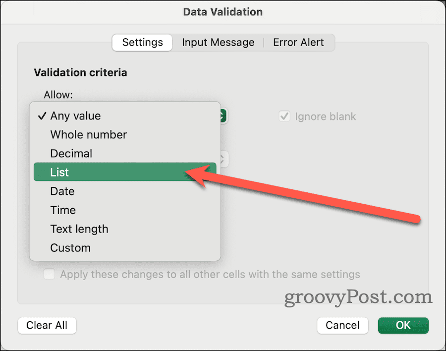 Choose List in Data Validation Dialog in Excel