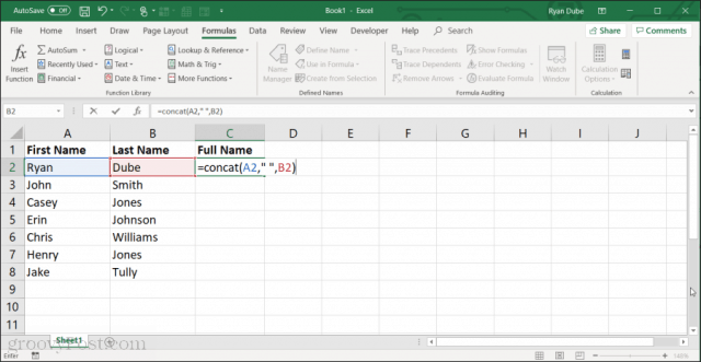 using concat function in excel