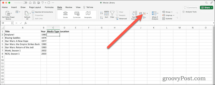 Data Validation Button in Data Ribbon in Excel