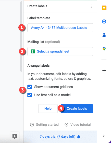 Creating a label using Labelmaker in Google Docs