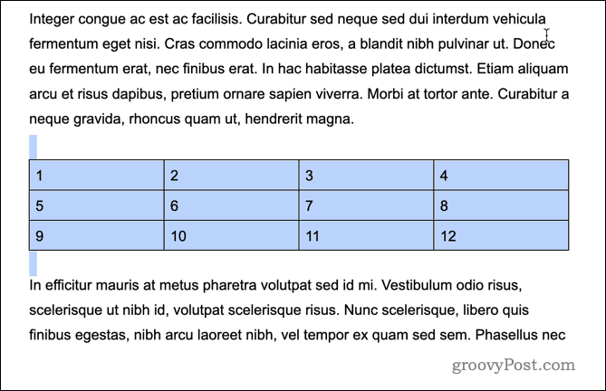 An example of a moved table in Google Docs