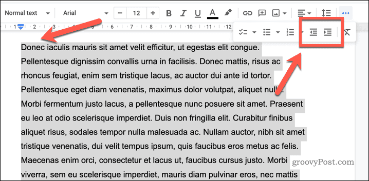 Increase or decrease indent in Google Docs