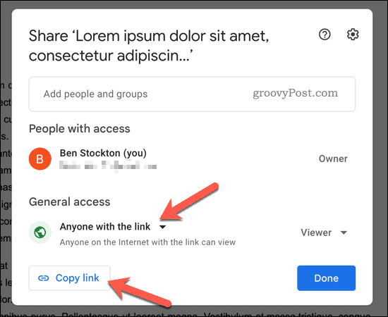 Copying a Google Docs share link