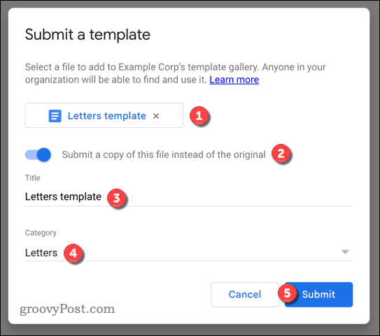 Google Docs submit template menu box