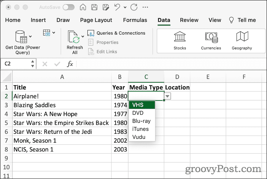 Drop down list in Excel spreadsheet