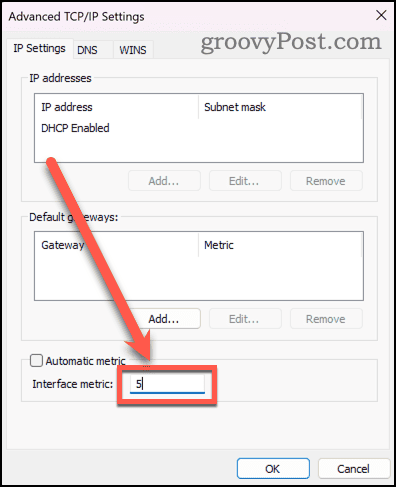 Enter Manual Interface Metric Value