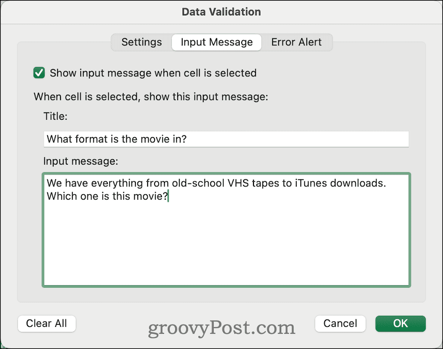 entering custom input message in data validation