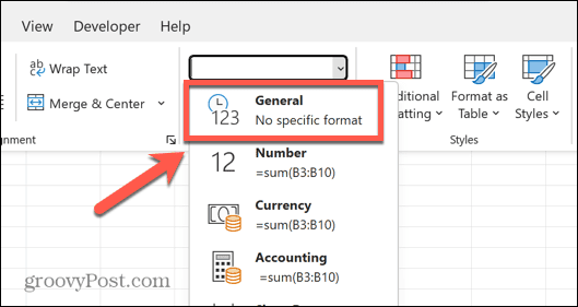 excel general format