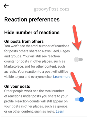 Set Facebook reaction settings on mobile