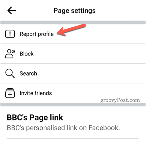 Report profile button on Facebook mobile