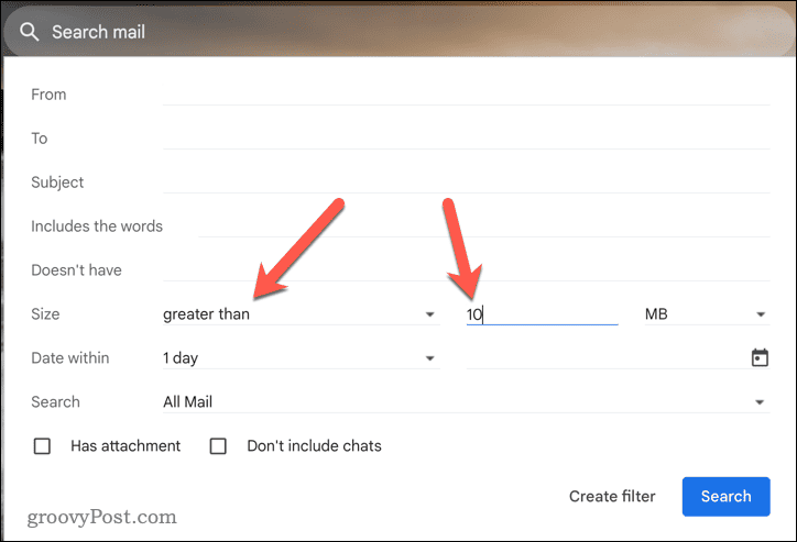 Setting size criteria in a Gmail advanced search