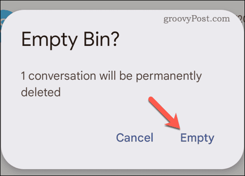 Confirm that you want to empty the Gmail trash folder on mobile
