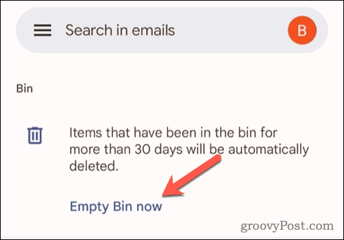 Empty trash option in Gmail on mobile