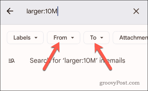 Setting additional search criteria for a search in Gmail on mobile