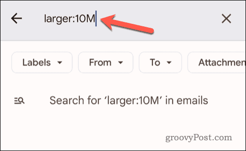 Setting email size criteria in the Gmail search bar on mobile