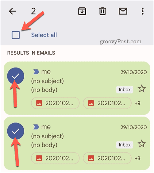 Select Gmail emails on mobile