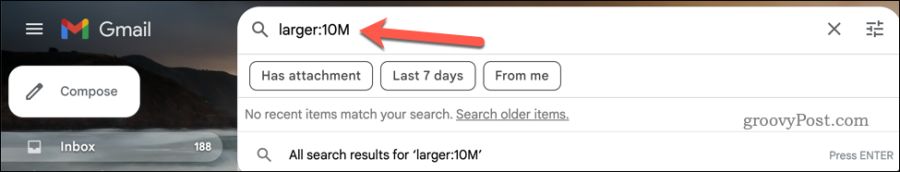 Running a larger: search in the Gmail search bar