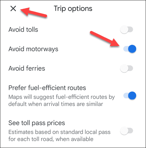 Avoid highways/motorways in Google Maps on mobile