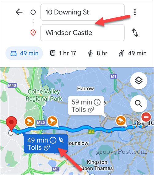 Select destination and route in Google Maps on mobile