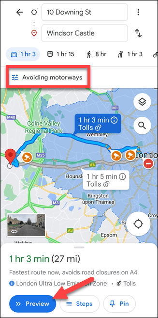 Google Maps mobile route without highways