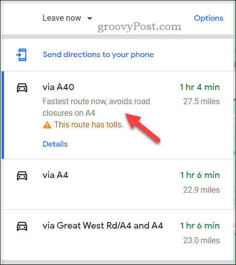 Choose Google Maps route