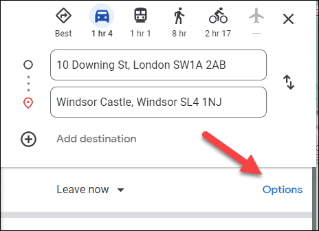 Google Maps directions options