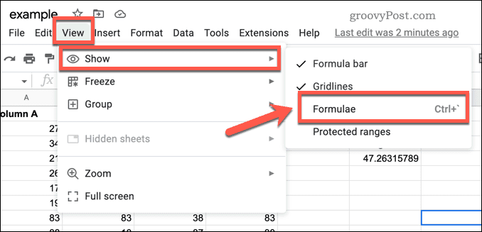 Show or hide formulas in Google Sheets